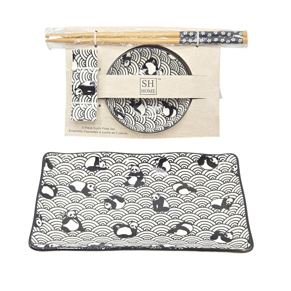 SH Home 5pc Seigaiha Waves & Pandas Sushi Plate Set 11